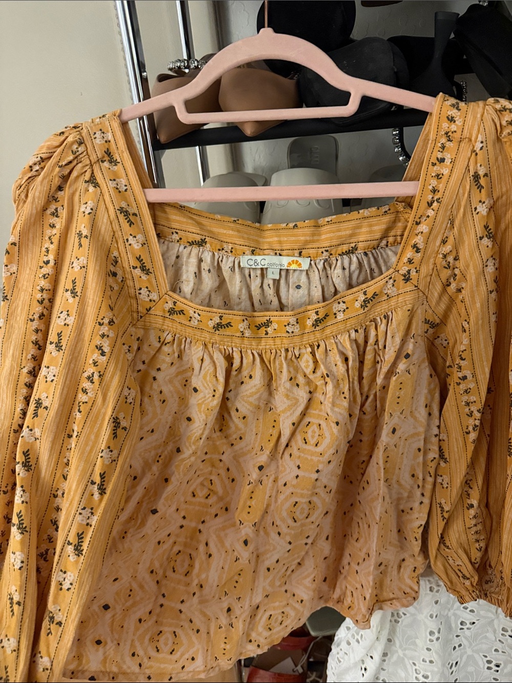 C&C California Golden Yellow Floral Peasant Top